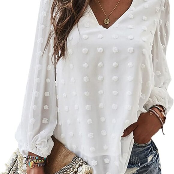 Long Bubble Sleeve V Neck Swiss Dot Chiffon Top - Picture 2 of 4